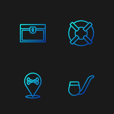 Hattı kurun. Tütün piposu, korsan konumu, antika hazine sandığı ve Lifebuoy. Renk simgeleri. Vektör