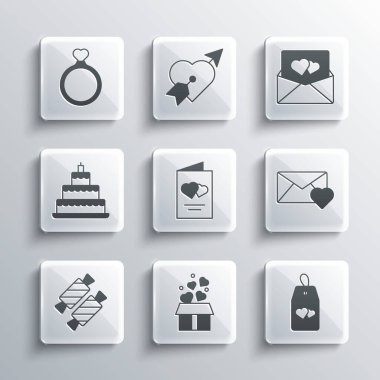 Kalpli hediye kutusunu ayarlayın, lütfen rahatsız etmeyin, Zarif Sevgililer Günü broşürü, Sevgililer Günü broşürü, Şeker, Düğün pastası, yüzükler ve ikon. Vektör