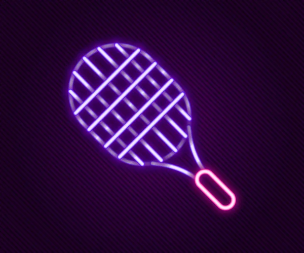 Parlayan Neon Hattı Tenis Raketi Simgesi Siyah Arkaplanda Izole Edildi — Stok Vektör