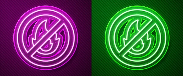 Світлова Неонова Лінія Піктограми Вогню Ізольовано Фіолетовому Зеленому Тлі Пожежа — стоковий вектор
