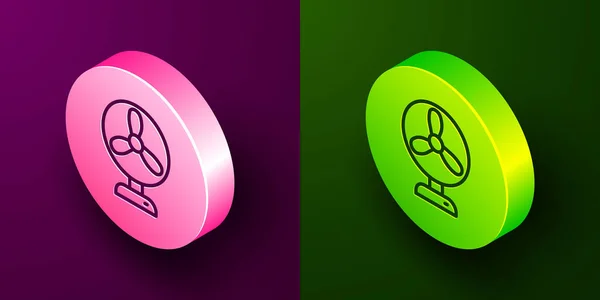 等距线电气风扇图标隔离在紫色和绿色背景 圆形按钮 — 图库矢量图片