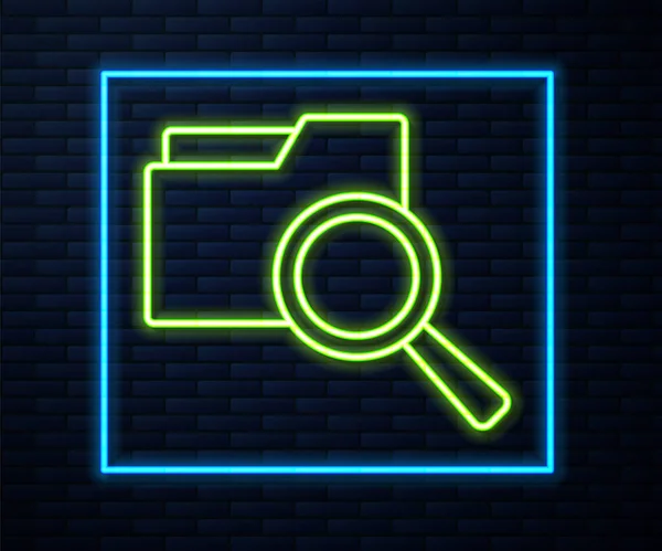 Glowing Neon Line Search Concept Folder Icon Isolated Brick Wall — Stock Vector