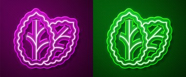 Parlayan neon çizgisi tütün yaprağı simgesi mor ve yeşil arkaplanda izole edilmiş. Tütün yaprakları. Vektör