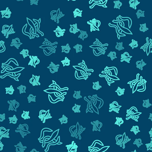 Зелена Лінія Ікона Морських Водоростей Виділила Синьому Тлі Безшовний Візерунок — стоковий вектор