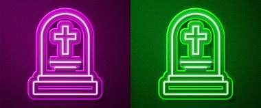 Mor ve yeşil arkaplanda izole edilmiş mezar taşı simgesiyle parlayan neon hattı Grave. Vektör