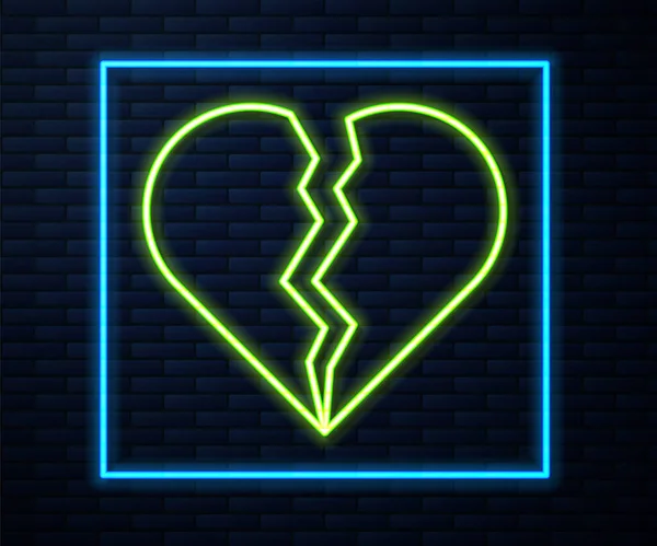 Parlayan neon hattı kırık kalp ya da boşanma ikonu tuğla duvar arkasında izole edilmiş. Aşk sembolü. Sevgililer günün kutlu olsun. Vektör