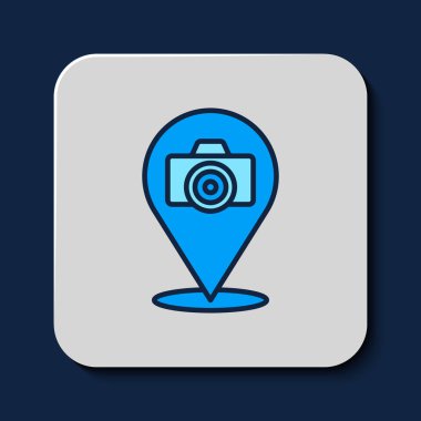 Filled outline Photo camera icon isolated on blue background. Foto camera. Digital photography.  Vector