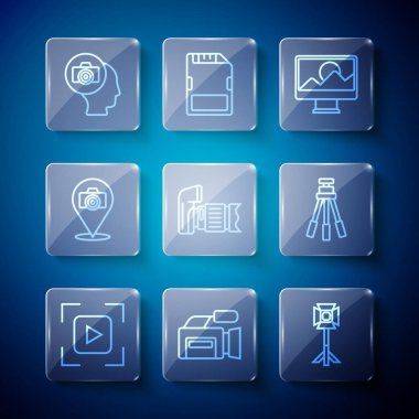 Kamera odaklı çerçeve hattı, sinema kamerası, Stüdyo ampul softbox, Fotoğraf rötuşlama ve Tripod simgesi ayarla. Vektör