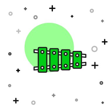 Xylophone ana hatlarıyla doldurulmuş - 13 tahta çubuklu müzik aleti ve beyaz arka planda izole edilmiş iki perküsyon tokmağı. Vektör