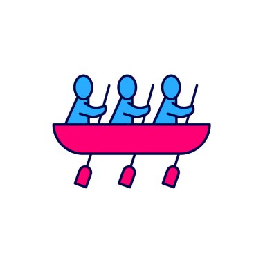 Filled outline Canoe rowing team sports icon isolated on white background. Three athletes with oars rowing in boat. Teamwork concept.  Vector