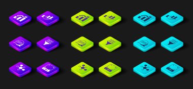 Zihin haritası bilgisini, sunucuyu, veri analizini, ikili kodu, pasta grafiğini ve finansal büyüme simgesini ayarla. Vektör