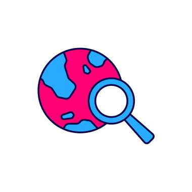 Beyaz arka planda izole edilmiş dünya ikonu içeren ana hatlı büyüteç. Dünyayı analiz ediyorum. Küresel arama işareti. Vektör