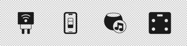 Akıllı elektrik prizi, akıllı telefon şarjı, ses asistanı ve banyo ikonu ayarla. Vektör