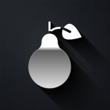 Gümüş Armut simgesi siyah arkaplanda izole edildi. Yaprak sembollü meyve. Uzun gölge tarzı. Vektör