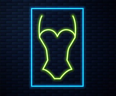 Parlayan neon hattı Summer plaj mayo ikonu tuğla duvar arkasında izole edilmiş. Plaj kadını modası. Vektör