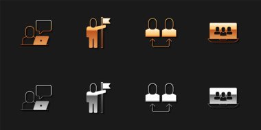 Freelancer, bayrak tutan adam, değiş tokuş işi ve proje ekip ikonu. Vektör