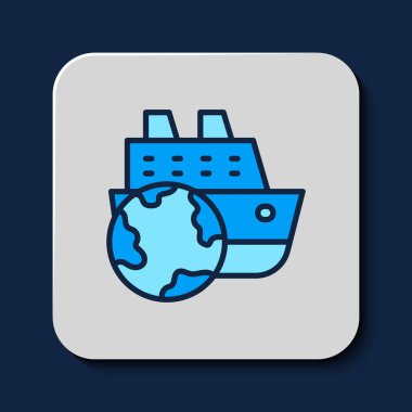 Filled outline Cruise ship icon isolated on blue background. Travel tourism nautical transport. Voyage passenger ship, cruise liner. Worldwide cruise.  Vector