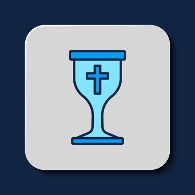 Filled outline Christian chalice icon isolated on blue background. Christianity icon. Happy Easter.  Vector