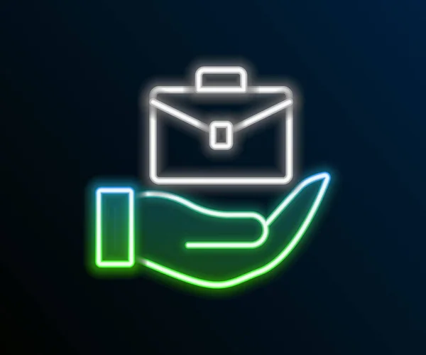 Glowing Neon Line Hand Holding Briefcase Icon Isolated Black Background — Stock Vector