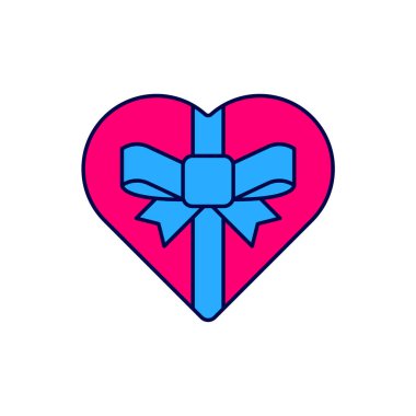 Şekerin ana hatları kalp şeklindeki kutuda ve beyaz arka planda izole edilmiş yay simgesiyle dolu. Sevgililer Günü. Vektör