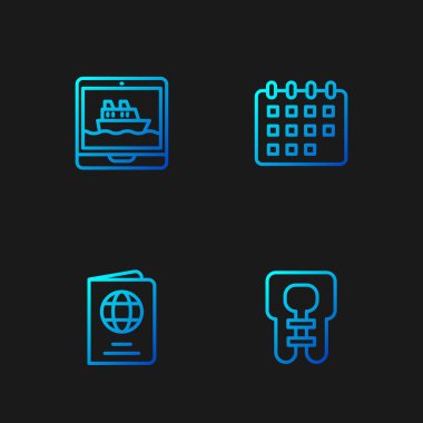 Can yeleği, pasaport, yolcu gemisi ve takvim. Renk simgeleri. Vektör