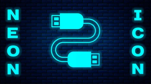 Glowing Neon Usb Cable Cord Icon Isolated Brick Wall Background — Stock Vector