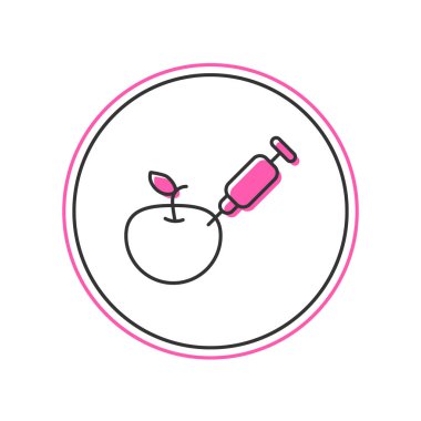 Genetik olarak modifiye edilmiş elma simgesi beyaz arkaplanda izole edildi. GDO meyvesi. Elmaya şırınga enjekte ediliyor. Vektör