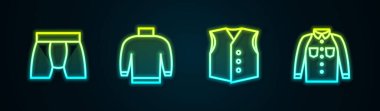 Çizgili erkek iç çamaşırı, kazak, yelek ve gömlek. Parlayan neon ikonu. Vektör
