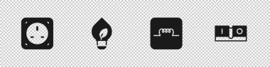 Elektrik prizi, yapraklı ampul, elektronik devre indüktörü ve ışık düğmesi simgesini ayarla. Vektör