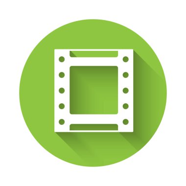 White Play video icon isolated with long shadow background. Film strip sign. Green circle button. Vector