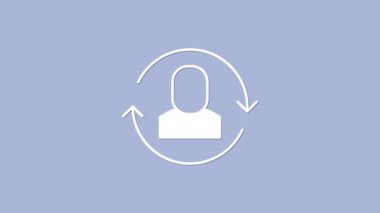 Beyaz Değişim çalışma simgesi mor arkaplanda izole edildi. İnsanlar arasında bilgi alışverişi. Personel ya da insanlar yer değiştirme ya da yer değiştirme konsepti. 4K Video hareketli grafik canlandırması.