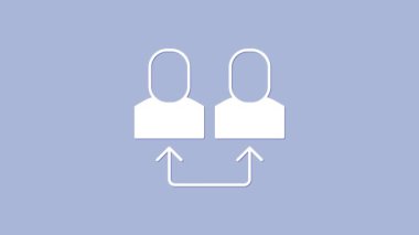 Beyaz Değişim çalışma simgesi mor arkaplanda izole edildi. İnsanlar arasında bilgi alışverişi. Personel ya da insanlar yer değiştirme ya da yer değiştirme konsepti. 4K Video hareketli grafik canlandırması.