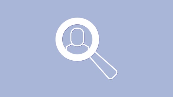 白色放大镜 用于在紫色背景上隔离的求职图标 征聘或甄选概念 寻找员工和工作 4K视频运动图形动画 — 图库视频影像