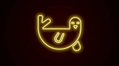 Parlayan neon hattı kürk fok hayvan ikonu siyah arka planda izole edildi. 4K Video hareketli grafik canlandırması.