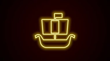 Glowing neon line Ancient viking scandinavian drakkar icon isolated on black background. Viking transport ship. 4K Video motion graphic animation.