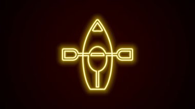 Parlayan neon hattı kano ve kürek simgesi siyah arkaplanda izole edildi. Balıkçılık ve turizm için kano. Açık hava aktiviteleri. 4K Video hareketli grafik canlandırması.