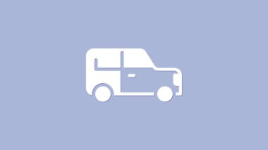 Beyaz Araba simgesi mor arkaplanda izole edilmiş. 4K Video hareketli grafik canlandırması.