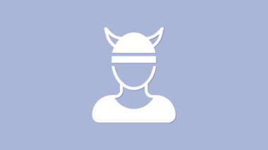 White Viking head icon isolated on purple background. 4K Video motion graphic animation.