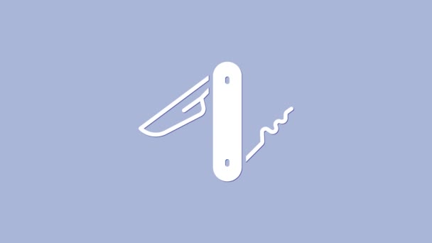 白色的瑞士军刀图标被紫色背景隔离 多工具 多目的的小刀 多功能工具 4K视频运动图形动画 — 图库视频影像
