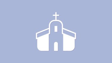 Beyaz Kilise binası ikonu, mor arka planda izole edilmiş. Hıristiyan Kilisesi. Kilisenin dini. 4K Video hareketli grafik canlandırması.