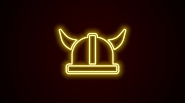 Siyah arka planda izole edilmiş boynuzlu miğfer ikonuyla parlayan neon hattı Viking. 4K Video hareketli grafik canlandırması.
