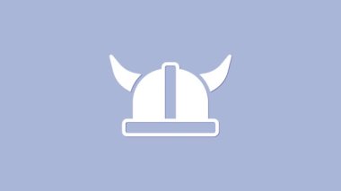 Mor arka planda izole edilmiş boynuzlu kask ikonlu beyaz Viking. 4K Video hareketli grafik canlandırması.