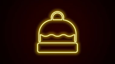 Parlayan neon hattı Beanie şapka simgesi siyah arkaplanda izole edildi. 4K Video hareketli grafik canlandırması.