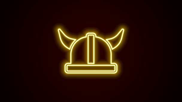 Gloeiende Neon Lijn Viking Gehoornde Helm Pictogram Geïsoleerd Zwarte Achtergrond — Stockvideo