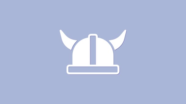 Blanco Vikingo Casco Con Cuernos Icono Aislado Sobre Fondo Púrpura — Vídeos de Stock