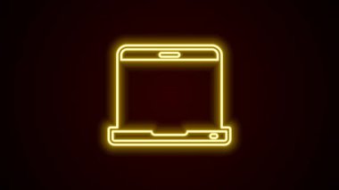 Parlayan neon hattı dizüstü bilgisayar simgesi siyah arkaplanda izole edildi. Boş ekran işaretli bilgisayar defteri. 4K Video hareketli grafik canlandırması.
