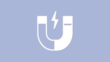 Mor arkaplanda beyaz mıknatıs simgesi var. At nalı mıknatısı, manyetizma, manyetizma, çekim. 4K Video hareketli grafik canlandırması.