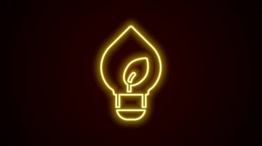 Siyah zemin üzerinde yaprak simgesi olan parlak neon çizgisi ampul. Çevre enerjisi kavramı. Alternatif enerji kavramı. 4K Video hareketli grafik canlandırması.