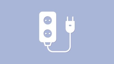 Beyaz Elektrik uzatma kablosu simgesi mor arkaplanda izole edildi. Priz prizi. 4K Video hareketli grafik canlandırması.