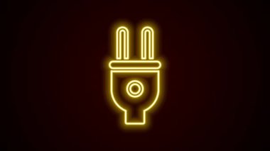 Parlayan neon hattı elektrik prizi simgesi siyah arkaplanda izole edildi. Bağlantı kavramı ve elektriğin kesilmesi. 4K Video hareketli grafik canlandırması.